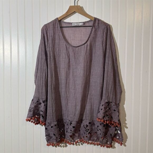 Retro Threads Boho Tunic Top Women’s L Purple Crochet Bell Sleeve Blouse - Picture 1 of 9